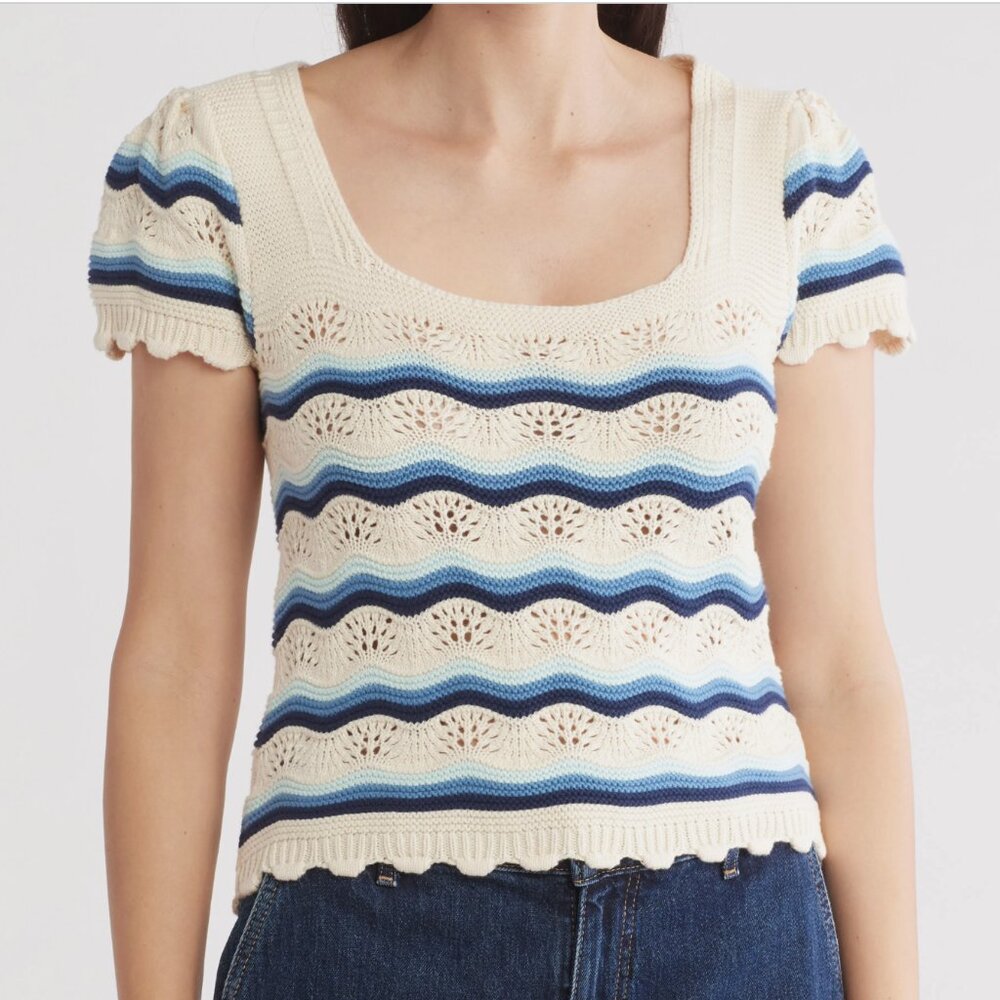 Jessica Simpson Cotton Crochet Crop Top, Cream & Blue Wavy Stripes, Size XL